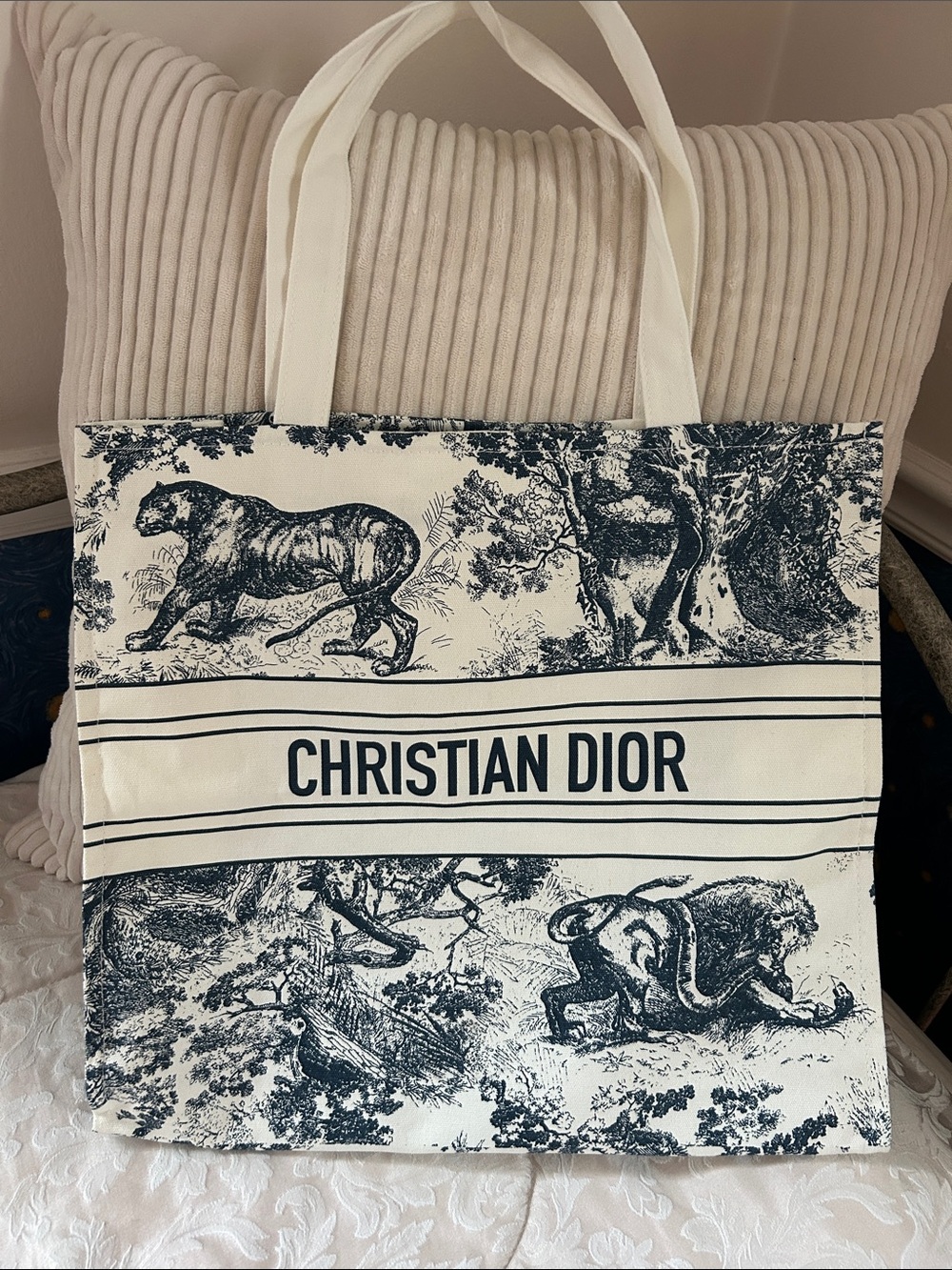Christian Dior Dioriviera GWP Toile Animal Print Canvas Tote Bag Navy Ivory. 16”